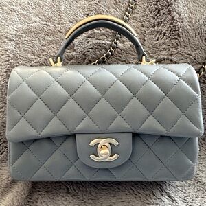 🖤SOLD🖤 Chanel Antique Gold Metal Logo Top Handle Mini Flapbag Grey